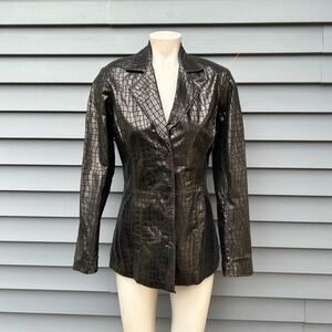 Dialogue Womens Black Croc Embossed Leather Fitted Blazer Jacket~XS~